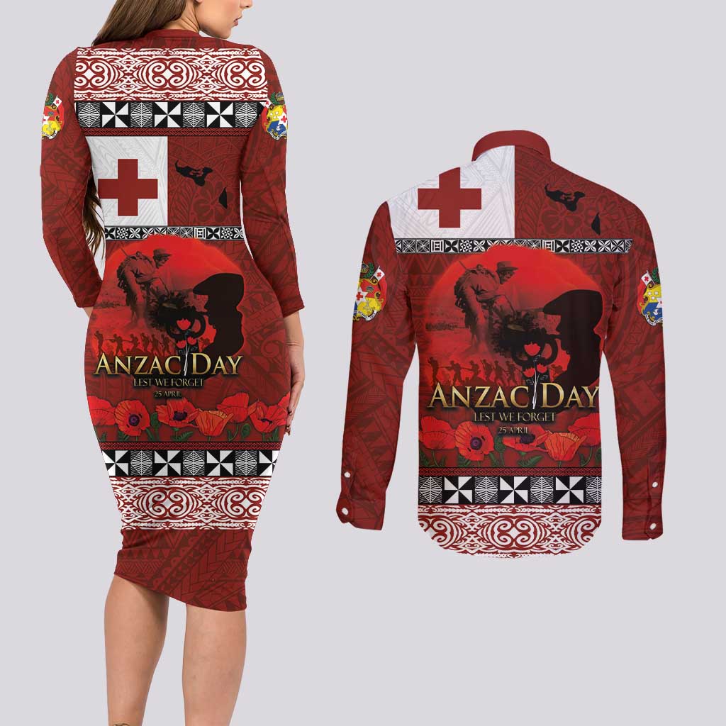 Tonga ANZAC Day Couples Matching Long Sleeve Bodycon Dress and Long Sleeve Button Shirt Gallipoli Lest We Forget Ngatu Art Tribal LT03 - Polynesian Pride