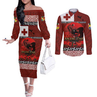 Tonga ANZAC Day Couples Matching Off The Shoulder Long Sleeve Dress and Long Sleeve Button Shirt Gallipoli Lest We Forget Ngatu Art Tribal LT03 Red - Polynesian Pride