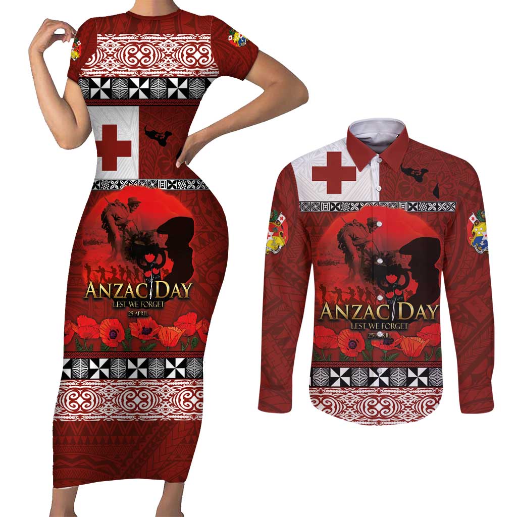 Tonga ANZAC Day Couples Matching Short Sleeve Bodycon Dress and Long Sleeve Button Shirt Gallipoli Lest We Forget Ngatu Art Tribal LT03 Red - Polynesian Pride