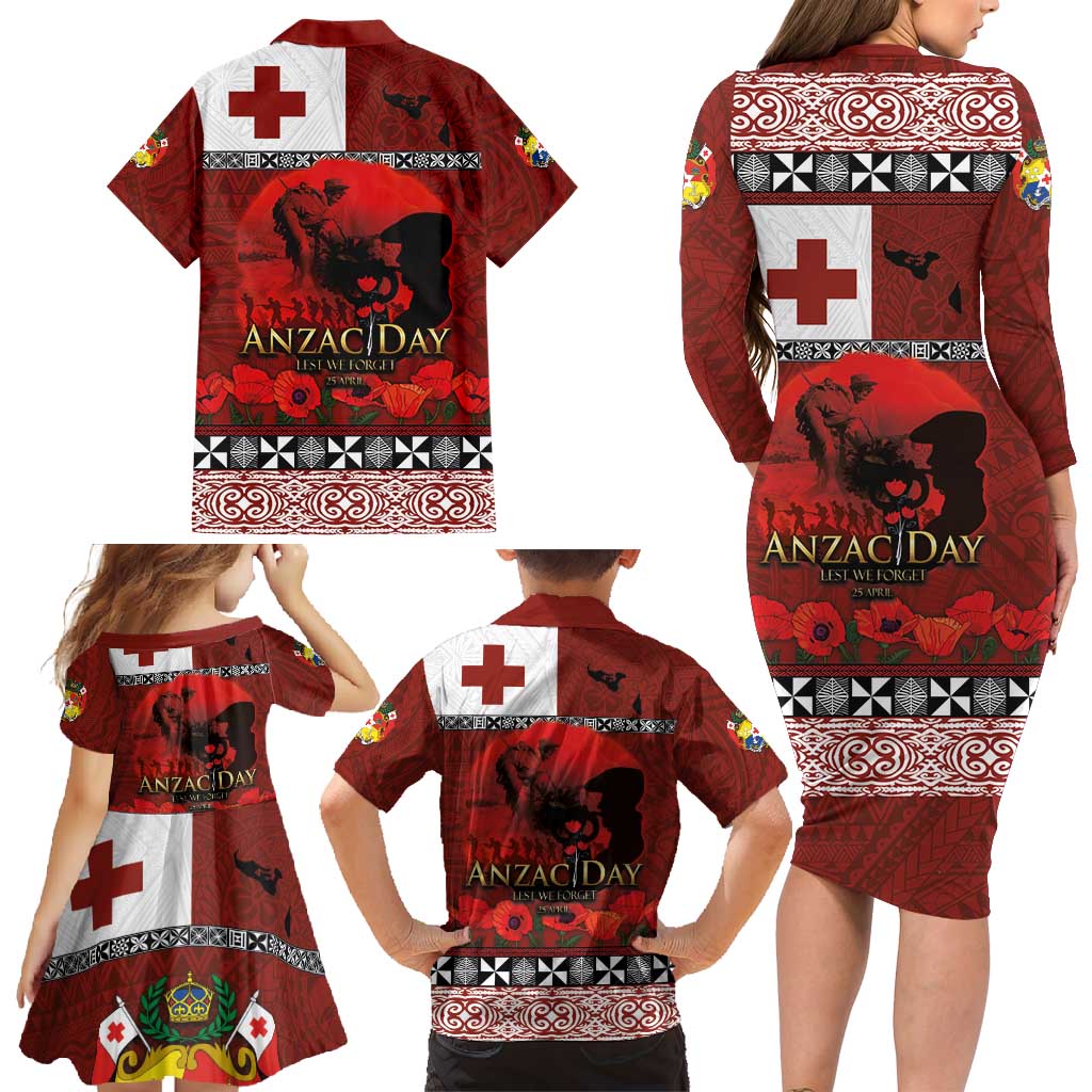 Tonga ANZAC Day Family Matching Long Sleeve Bodycon Dress and Hawaiian Shirt Gallipoli Lest We Forget Ngatu Art Tribal