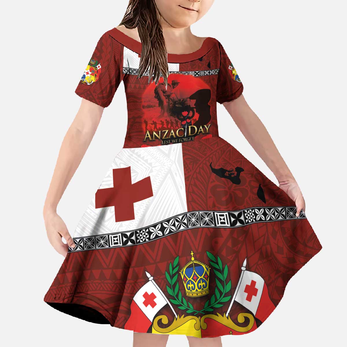 Tonga ANZAC Day Family Matching Off The Shoulder Long Sleeve Dress and Hawaiian Shirt Gallipoli Lest We Forget Ngatu Art Tribal LT03 Daughter's Dress Red - Polynesian Pride