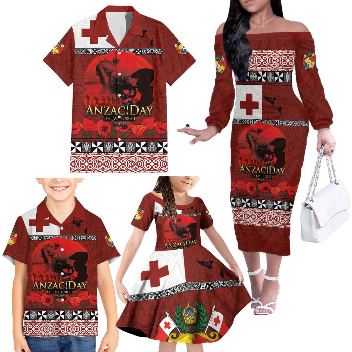 Tonga ANZAC Day Family Matching Off The Shoulder Long Sleeve Dress and Hawaiian Shirt Gallipoli Lest We Forget Ngatu Art Tribal LT03 - Polynesian Pride