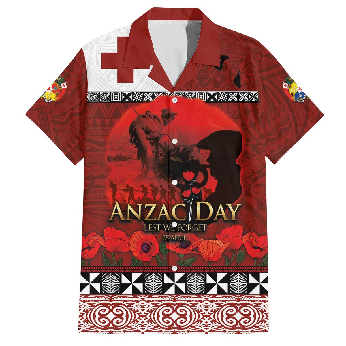 Tonga ANZAC Day Family Matching Off The Shoulder Long Sleeve Dress and Hawaiian Shirt Gallipoli Lest We Forget Ngatu Art Tribal LT03 Dad's Shirt - Short Sleeve Red - Polynesian Pride