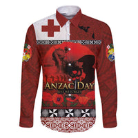 Tonga ANZAC Day Family Matching Off The Shoulder Long Sleeve Dress and Hawaiian Shirt Gallipoli Lest We Forget Ngatu Art Tribal LT03 Dad's Shirt - Long Sleeve Red - Polynesian Pride