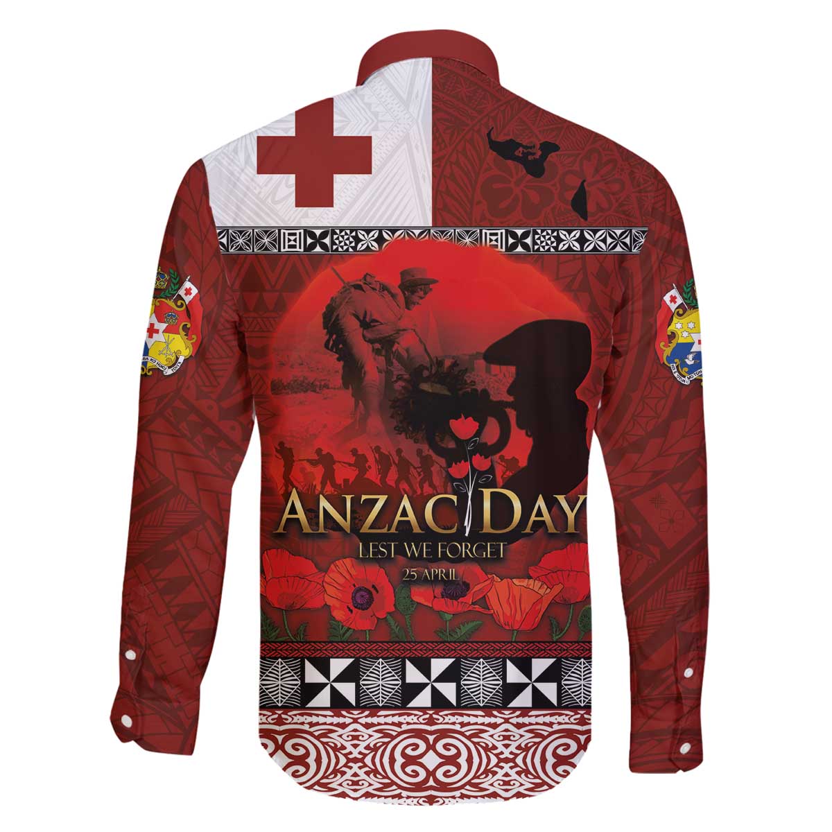 Tonga ANZAC Day Family Matching Off The Shoulder Long Sleeve Dress and Hawaiian Shirt Gallipoli Lest We Forget Ngatu Art Tribal LT03 - Polynesian Pride