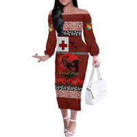 Tonga ANZAC Day Family Matching Off The Shoulder Long Sleeve Dress and Hawaiian Shirt Gallipoli Lest We Forget Ngatu Art Tribal LT03 Mom's Dress Red - Polynesian Pride