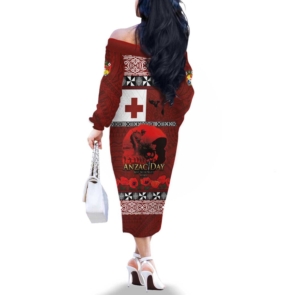 Tonga ANZAC Day Family Matching Off The Shoulder Long Sleeve Dress and Hawaiian Shirt Gallipoli Lest We Forget Ngatu Art Tribal LT03 - Polynesian Pride
