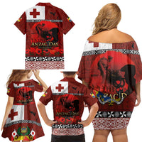 Tonga ANZAC Day Family Matching Off Shoulder Short Dress and Hawaiian Shirt Gallipoli Lest We Forget Ngatu Art Tribal