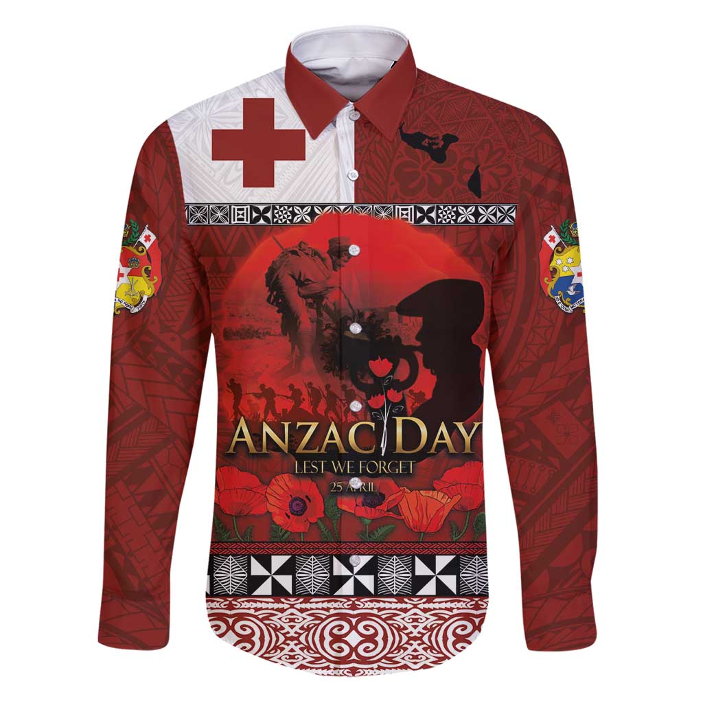 Tonga ANZAC Day Family Matching Puletasi and Hawaiian Shirt Gallipoli Lest We Forget Ngatu Art Tribal LT03 Dad's Shirt - Long Sleeve Red - Polynesian Pride