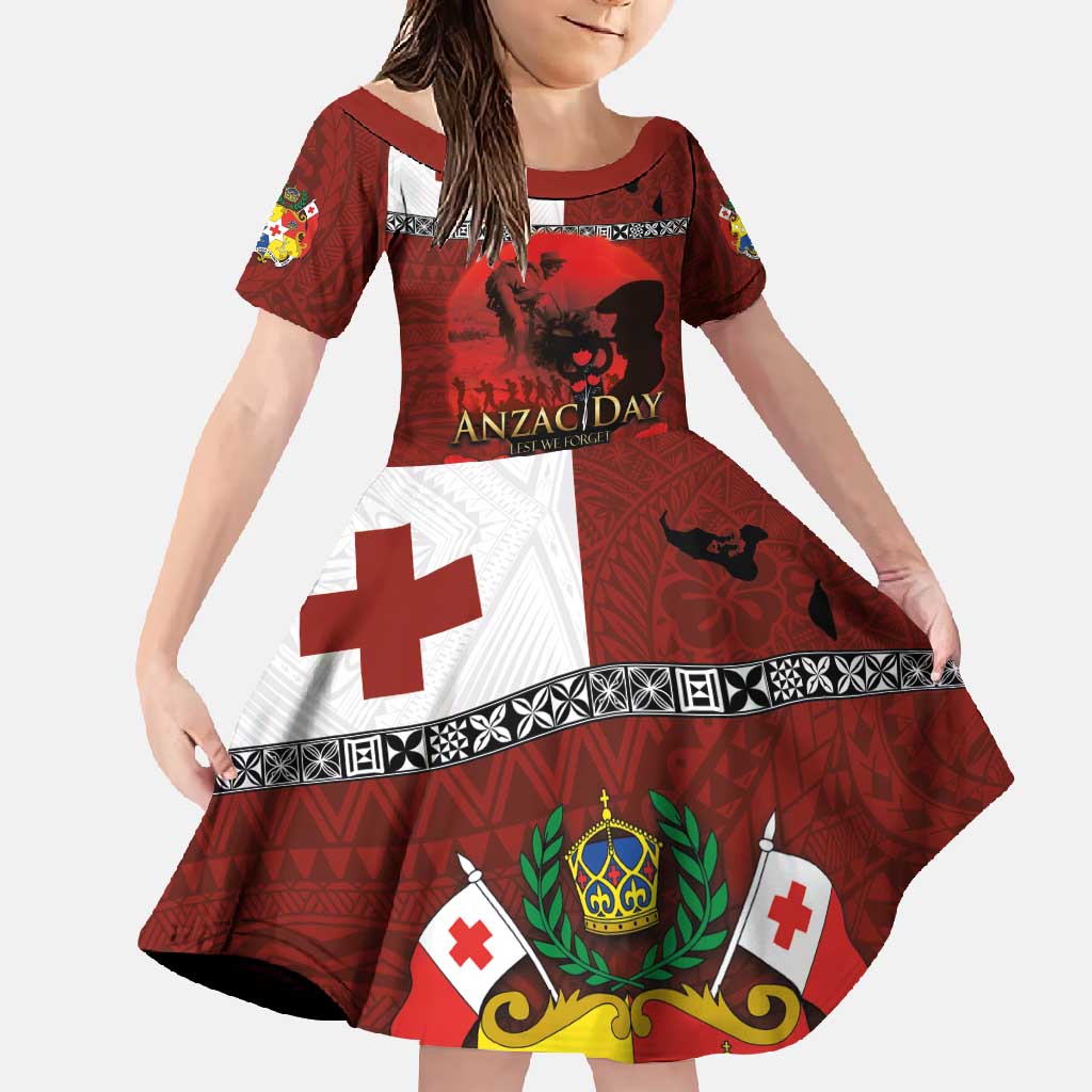 Tonga ANZAC Day Family Matching Short Sleeve Bodycon Dress and Hawaiian Shirt Gallipoli Lest We Forget Ngatu Art Tribal LT03 Daughter's Dress Red - Polynesian Pride