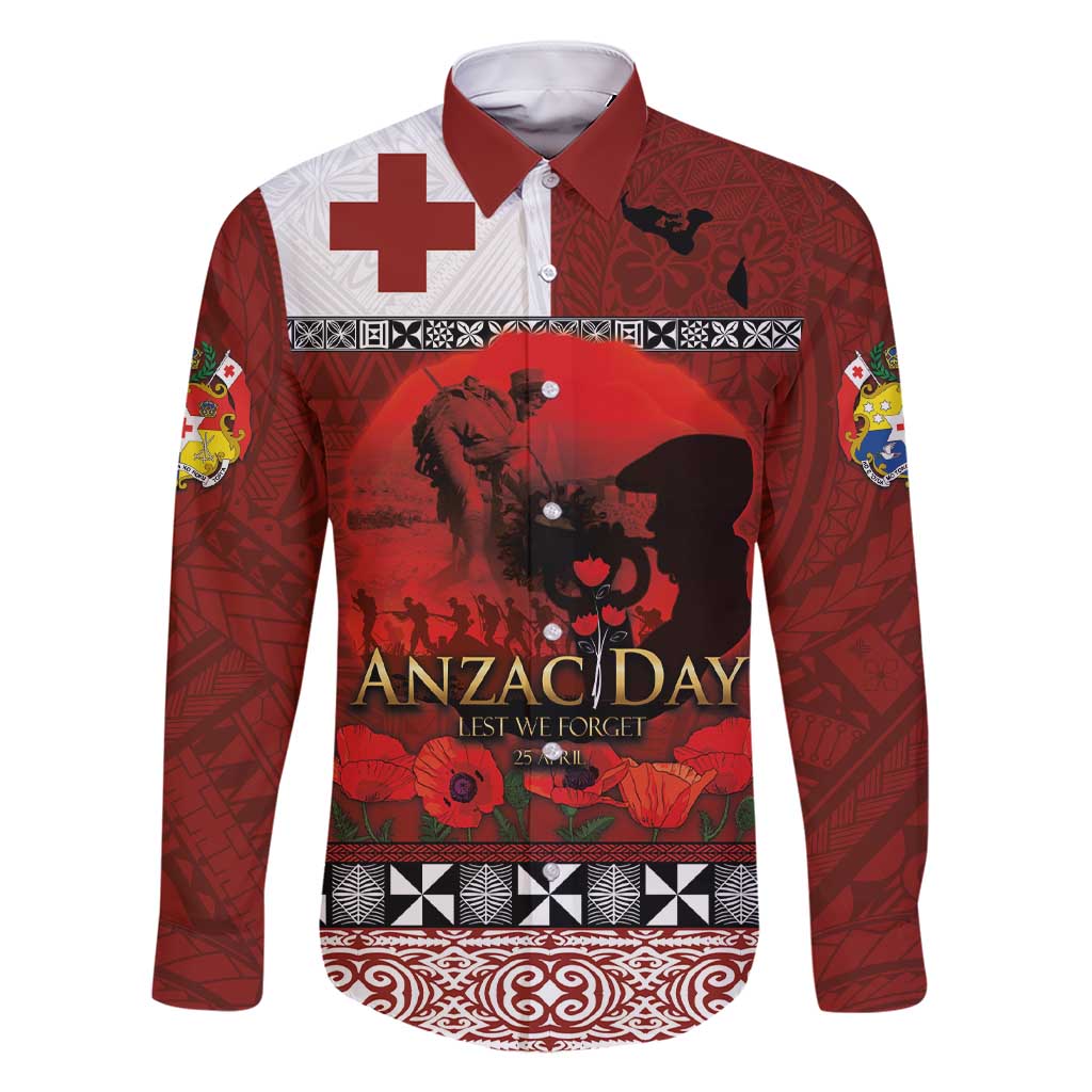 Tonga ANZAC Day Family Matching Short Sleeve Bodycon Dress and Hawaiian Shirt Gallipoli Lest We Forget Ngatu Art Tribal LT03 Dad's Shirt - Long Sleeve Red - Polynesian Pride