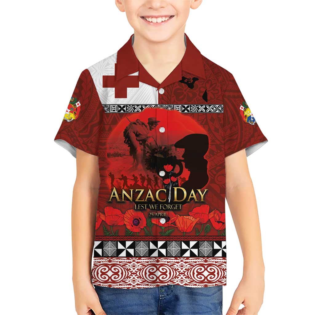 Tonga ANZAC Day Kid Hawaiian Shirt Gallipoli Lest We Forget Ngatu Art Tribal