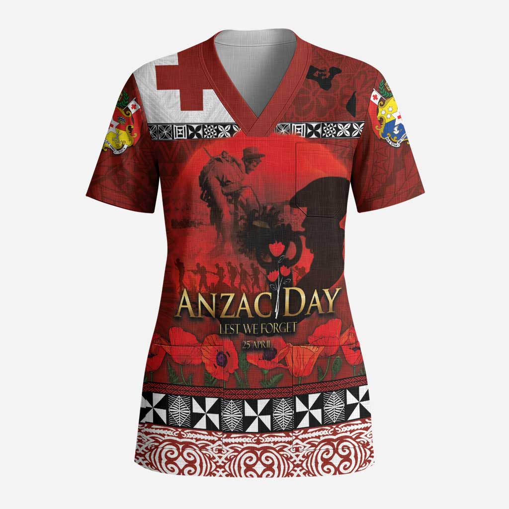 Tonga ANZAC Day Scrub Top Gallipoli Lest We Forget Ngatu Art Tribal - Polynesian Pride
