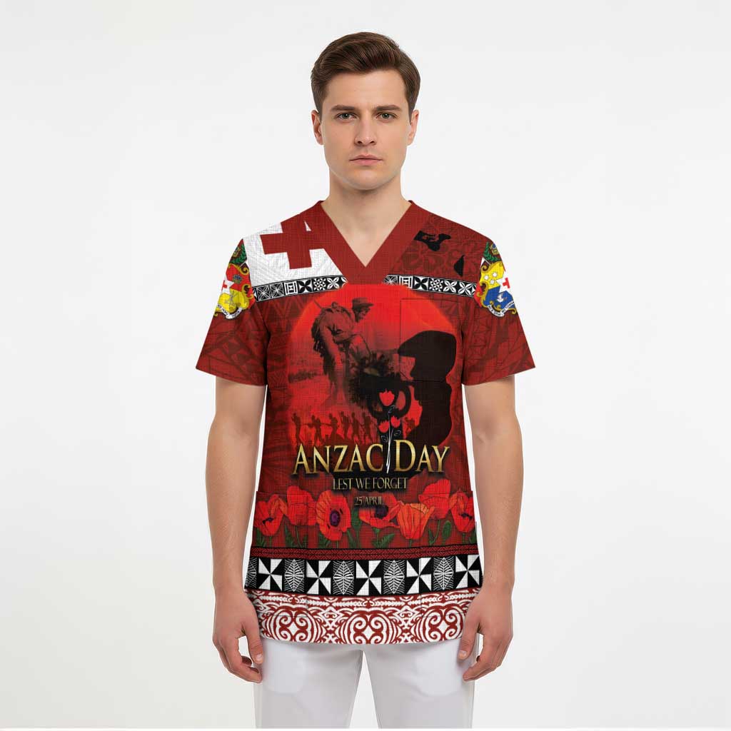 Tonga ANZAC Day Scrub Top Gallipoli Lest We Forget Ngatu Art Tribal - Polynesian Pride