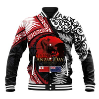 Tonga and New Zealand ANZAC Day Baseball Jacket Gallipoli Lest We Forget Ngatu Art Tribal and Maori Tattoo with Fern LT03 Unisex Black - Polynesian Pride