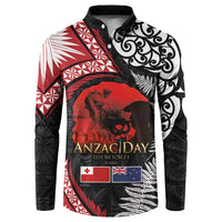 Tonga and New Zealand ANZAC Day Button Sweatshirt Gallipoli Lest We Forget Ngatu Art Tribal and Maori Tattoo with Fern LT03 Black - Polynesian Pride