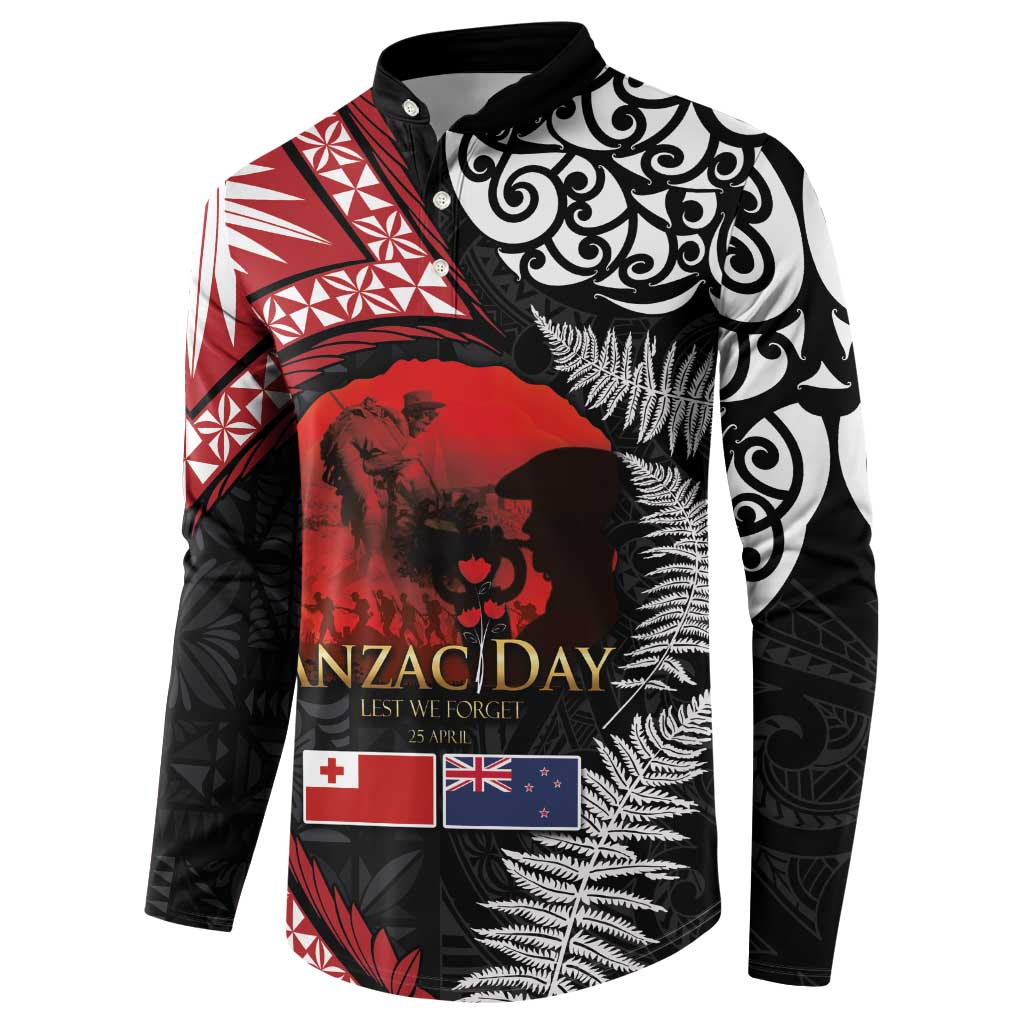 Tonga and New Zealand ANZAC Day Button Sweatshirt Gallipoli Lest We Forget Ngatu Art Tribal and Maori Tattoo with Fern LT03 - Polynesian Pride