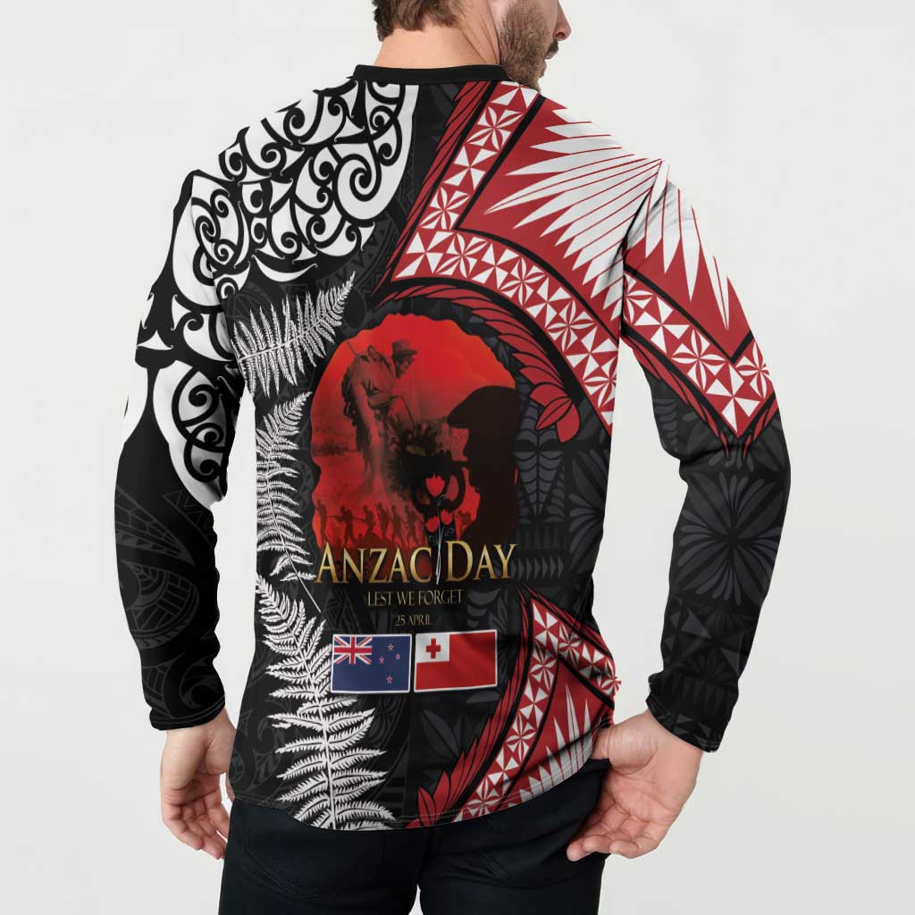 Tonga and New Zealand ANZAC Day Button Sweatshirt Gallipoli Lest We Forget Ngatu Art Tribal and Maori Tattoo with Fern LT03 - Polynesian Pride