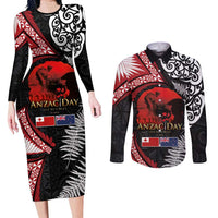 Tonga and New Zealand ANZAC Day Couples Matching Long Sleeve Bodycon Dress and Long Sleeve Button Shirt Gallipoli Lest We Forget Ngatu Art Tribal and Maori Tattoo with Fern LT03 Black - Polynesian Pride