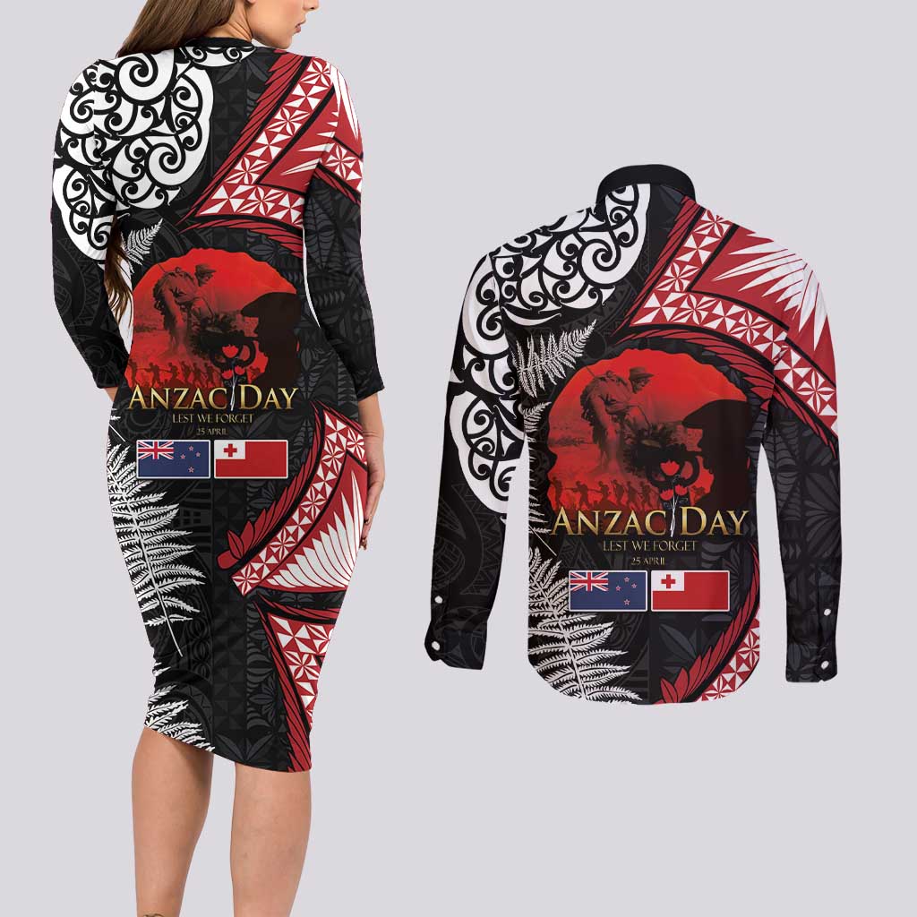 Tonga and New Zealand ANZAC Day Couples Matching Long Sleeve Bodycon Dress and Long Sleeve Button Shirt Gallipoli Lest We Forget Ngatu Art Tribal and Maori Tattoo with Fern LT03 - Polynesian Pride
