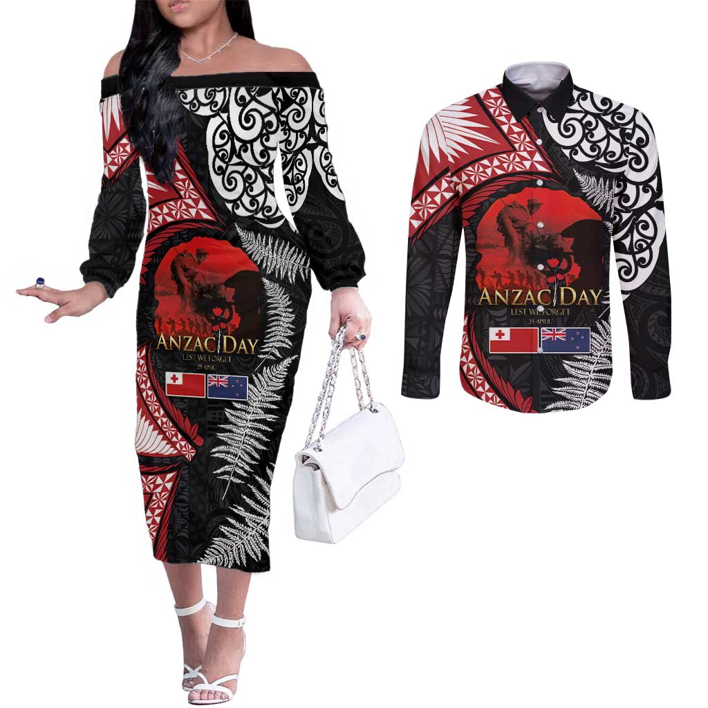 Tonga and New Zealand ANZAC Day Couples Matching Off The Shoulder Long Sleeve Dress and Long Sleeve Button Shirt Gallipoli Lest We Forget Ngatu Art Tribal and Maori Tattoo with Fern LT03 Black - Polynesian Pride