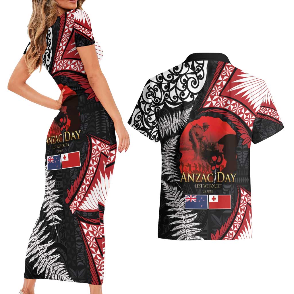 Tonga and New Zealand ANZAC Day Couples Matching Short Sleeve Bodycon Dress and Hawaiian Shirt Gallipoli Lest We Forget Ngatu Art Tribal and Maori Tattoo with Fern LT03