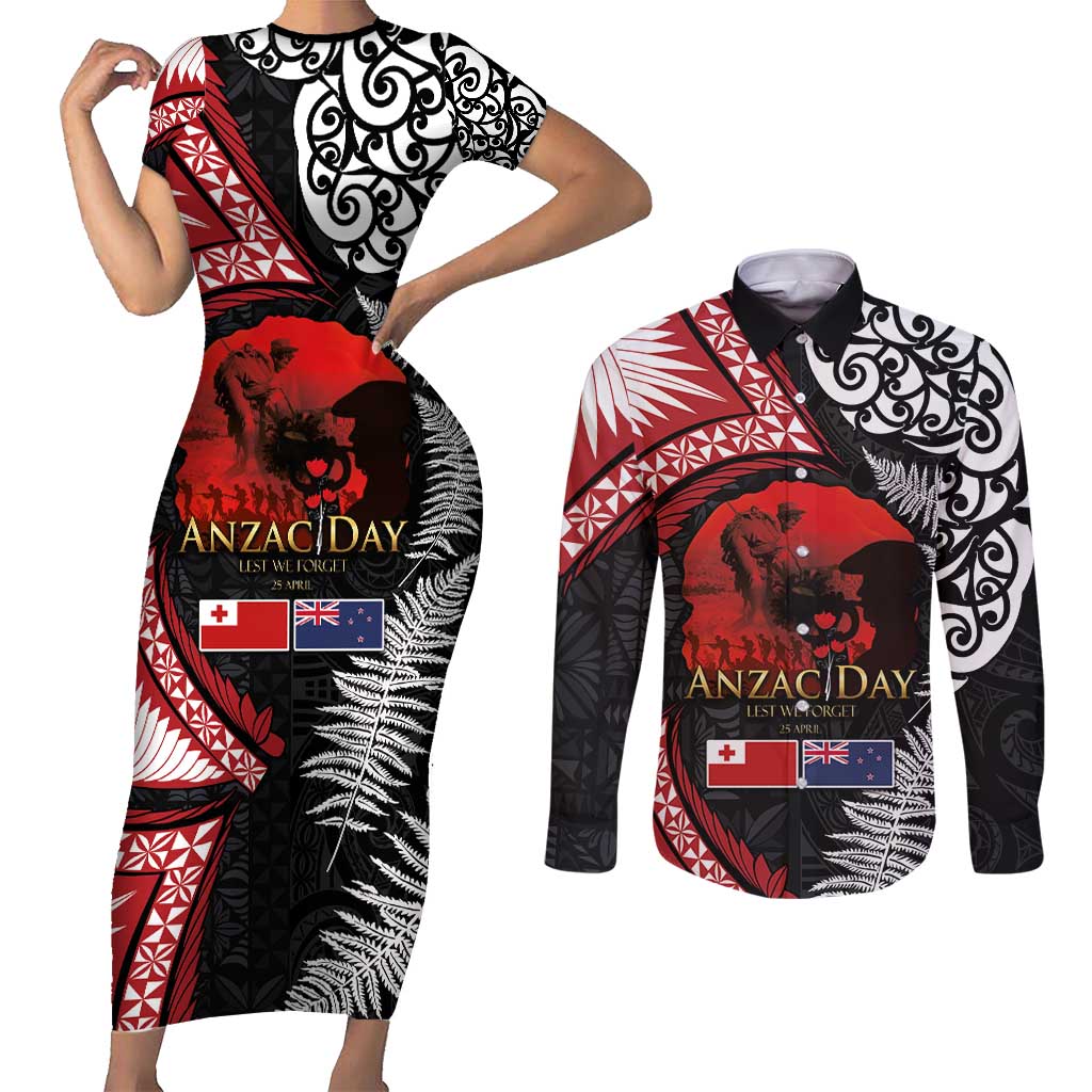 Tonga and New Zealand ANZAC Day Couples Matching Short Sleeve Bodycon Dress and Long Sleeve Button Shirt Gallipoli Lest We Forget Ngatu Art Tribal and Maori Tattoo with Fern LT03 Black - Polynesian Pride