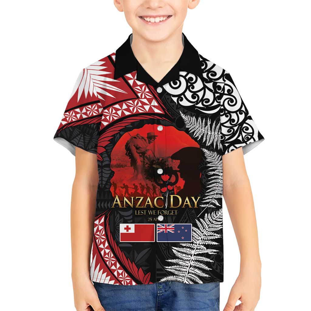 Tonga and New Zealand ANZAC Day Family Matching Long Sleeve Bodycon Dress and Hawaiian Shirt Gallipoli Lest We Forget Ngatu Art Tribal and Maori Tattoo with Fern LT03 Son's Shirt Black - Polynesian Pride