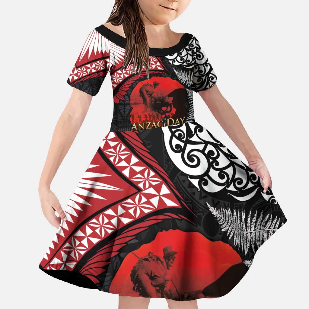 Tonga and New Zealand ANZAC Day Family Matching Mermaid Dress and Hawaiian Shirt Gallipoli Lest We Forget Ngatu Art Tribal and Maori Tattoo with Fern LT03 Daughter's Dress Black - Polynesian Pride