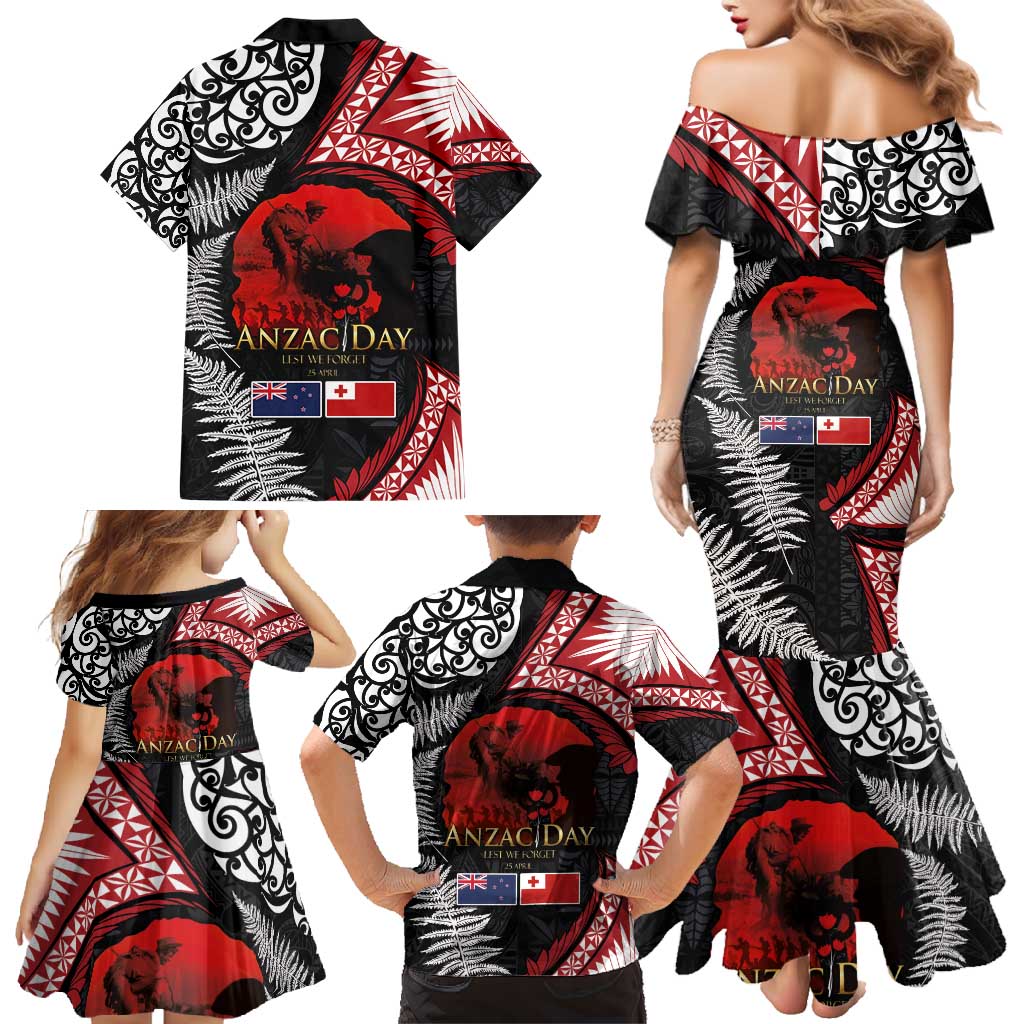 Tonga and New Zealand ANZAC Day Family Matching Mermaid Dress and Hawaiian Shirt Gallipoli Lest We Forget Ngatu Art Tribal and Maori Tattoo with Fern LT03 - Polynesian Pride