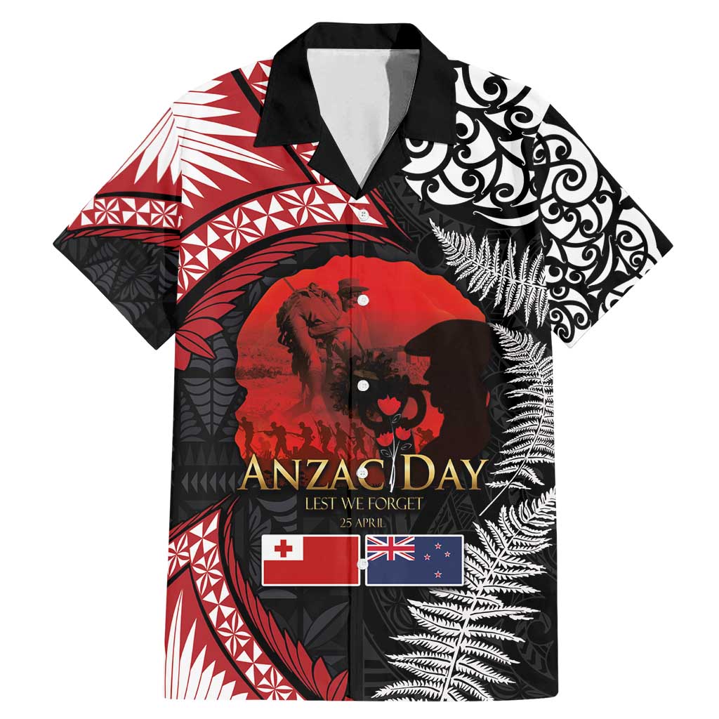 Tonga and New Zealand ANZAC Day Family Matching Mermaid Dress and Hawaiian Shirt Gallipoli Lest We Forget Ngatu Art Tribal and Maori Tattoo with Fern LT03 Dad's Shirt - Short Sleeve Black - Polynesian Pride