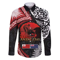 Tonga and New Zealand ANZAC Day Family Matching Mermaid Dress and Hawaiian Shirt Gallipoli Lest We Forget Ngatu Art Tribal and Maori Tattoo with Fern LT03 Dad's Shirt - Long Sleeve Black - Polynesian Pride