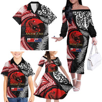 Tonga and New Zealand ANZAC Day Family Matching Off The Shoulder Long Sleeve Dress and Hawaiian Shirt Gallipoli Lest We Forget Ngatu Art Tribal and Maori Tattoo with Fern LT03 - Polynesian Pride