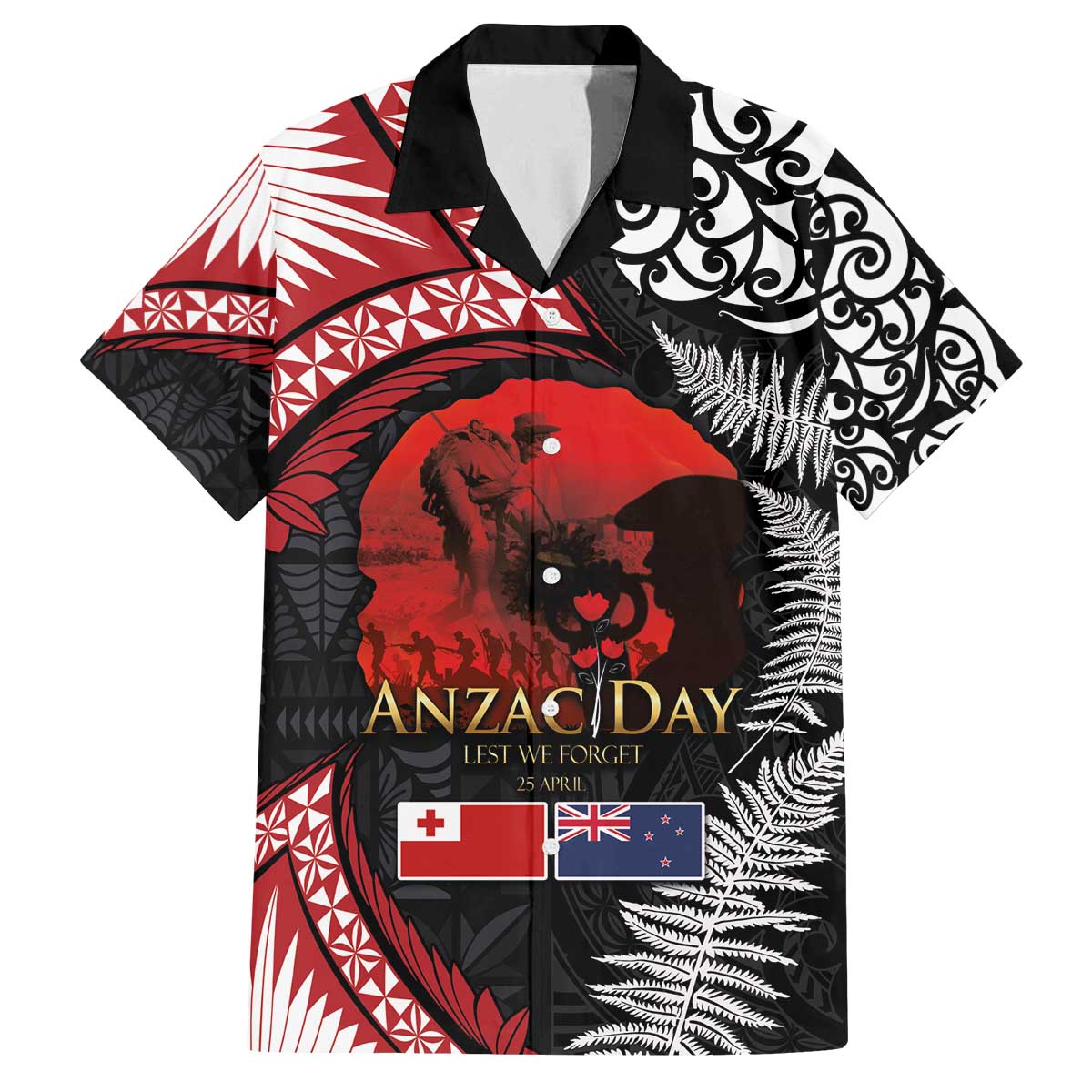 Tonga and New Zealand ANZAC Day Family Matching Off The Shoulder Long Sleeve Dress and Hawaiian Shirt Gallipoli Lest We Forget Ngatu Art Tribal and Maori Tattoo with Fern LT03 Dad's Shirt - Short Sleeve Black - Polynesian Pride