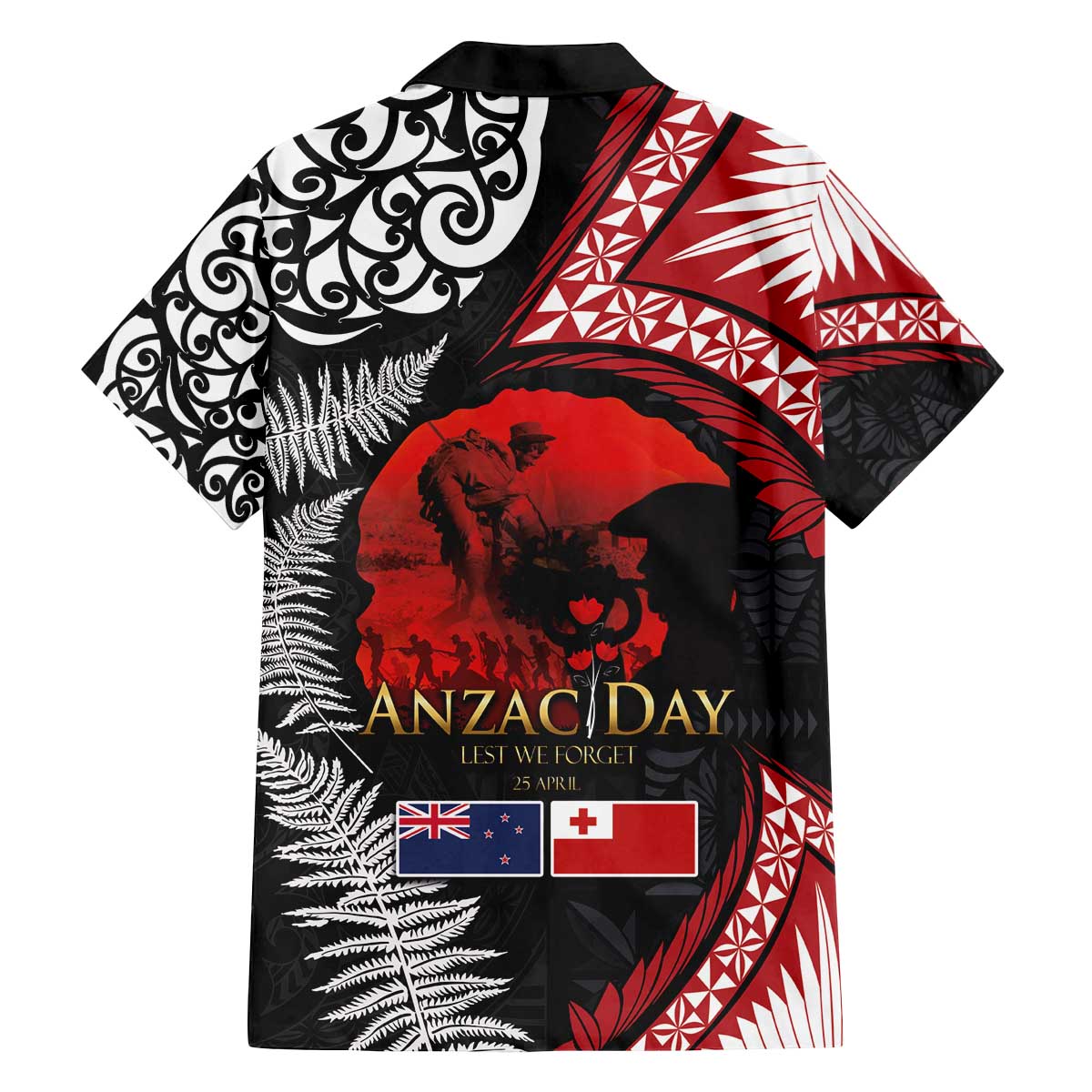 Tonga and New Zealand ANZAC Day Family Matching Off The Shoulder Long Sleeve Dress and Hawaiian Shirt Gallipoli Lest We Forget Ngatu Art Tribal and Maori Tattoo with Fern LT03 - Polynesian Pride