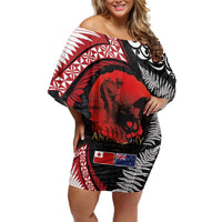 Tonga and New Zealand ANZAC Day Family Matching Off Shoulder Short Dress and Hawaiian Shirt Gallipoli Lest We Forget Ngatu Art Tribal and Maori Tattoo with Fern LT03