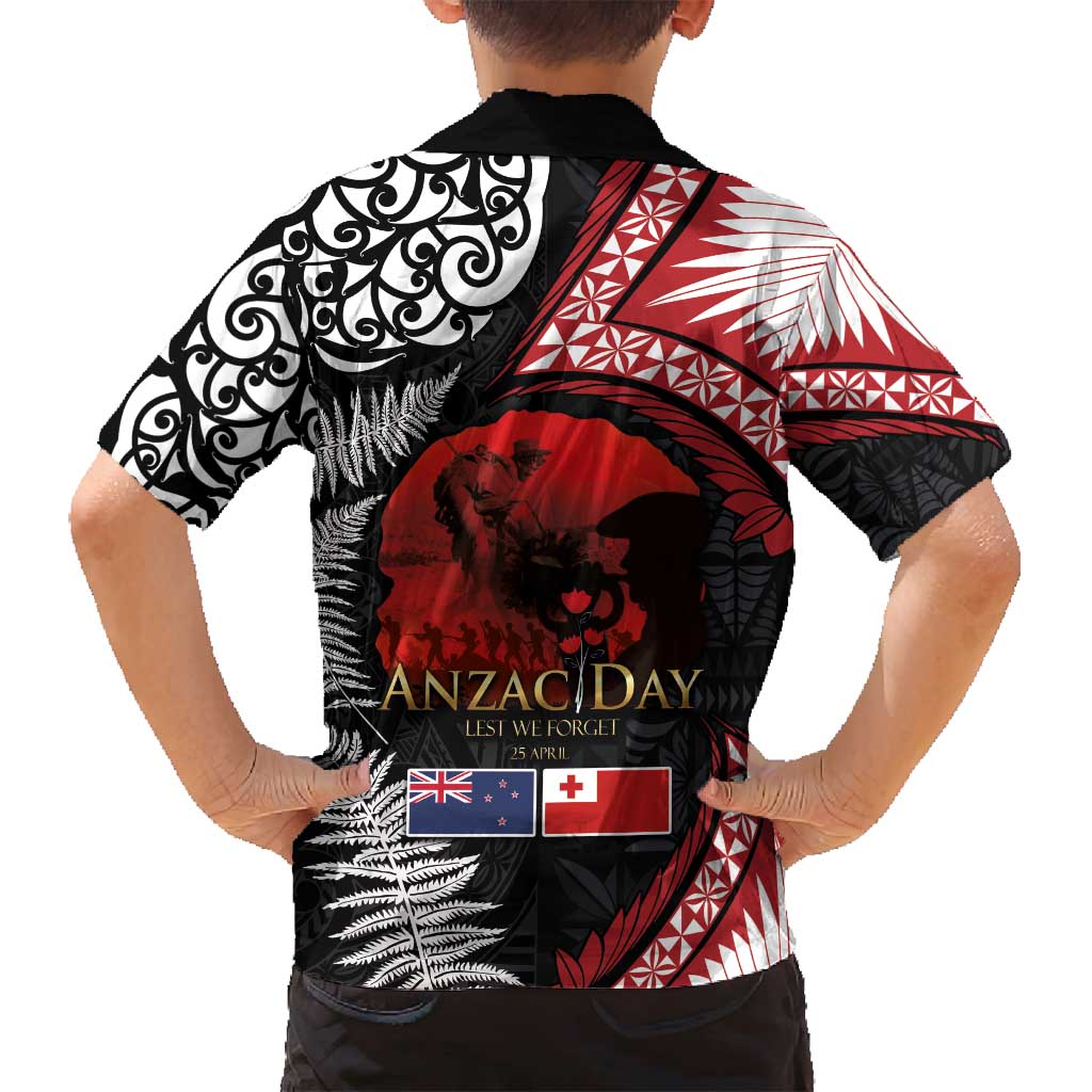 Tonga and New Zealand ANZAC Day Family Matching Puletasi and Hawaiian Shirt Gallipoli Lest We Forget Ngatu Art Tribal and Maori Tattoo with Fern LT03 - Polynesian Pride