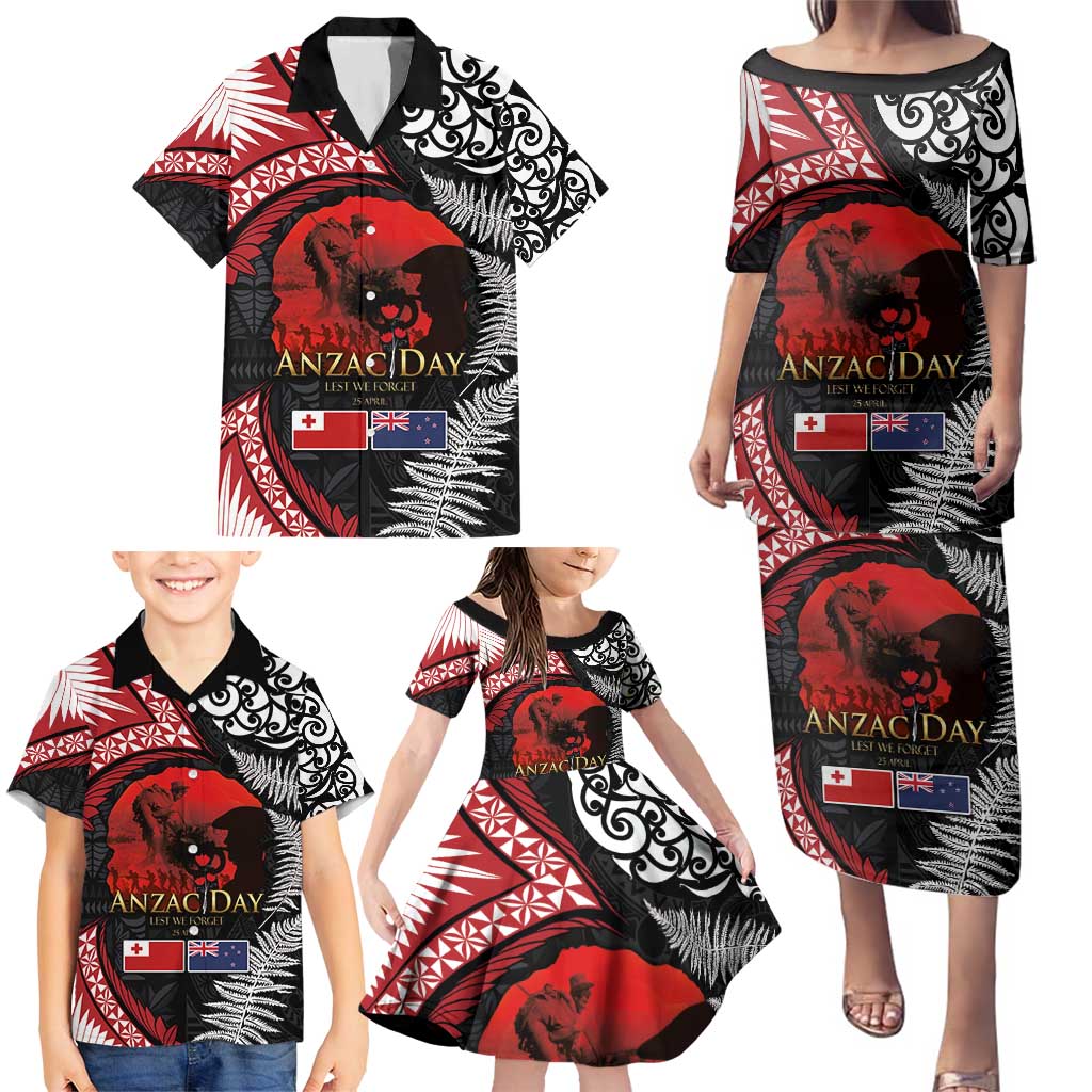 Tonga and New Zealand ANZAC Day Family Matching Puletasi and Hawaiian Shirt Gallipoli Lest We Forget Ngatu Art Tribal and Maori Tattoo with Fern LT03 - Polynesian Pride