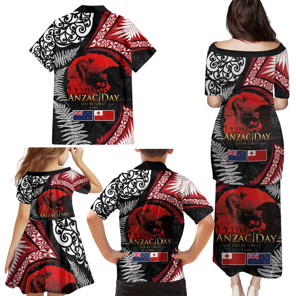 Tonga and New Zealand ANZAC Day Family Matching Puletasi and Hawaiian Shirt Gallipoli Lest We Forget Ngatu Art Tribal and Maori Tattoo with Fern LT03 - Polynesian Pride