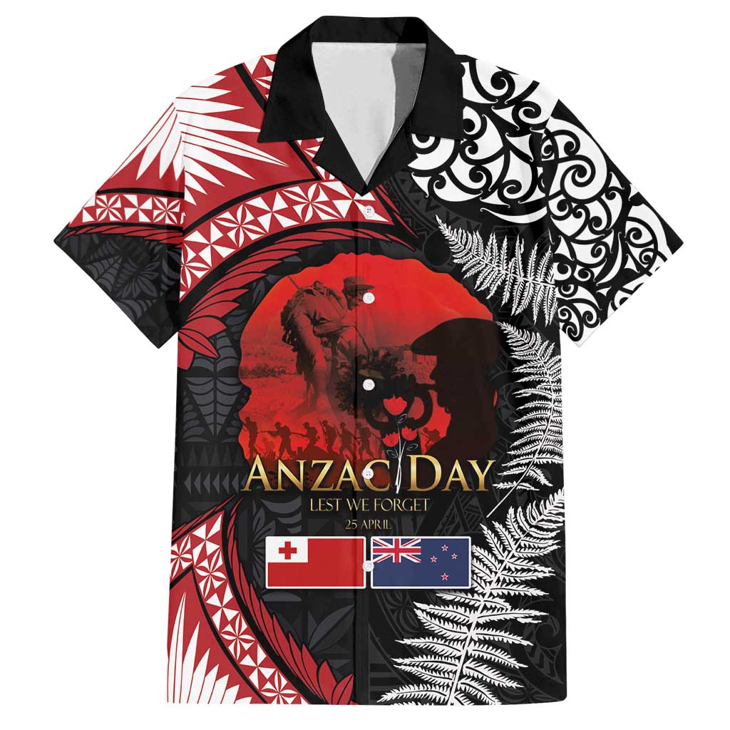 Tonga and New Zealand ANZAC Day Family Matching Puletasi and Hawaiian Shirt Gallipoli Lest We Forget Ngatu Art Tribal and Maori Tattoo with Fern LT03 Dad's Shirt - Short Sleeve Black - Polynesian Pride