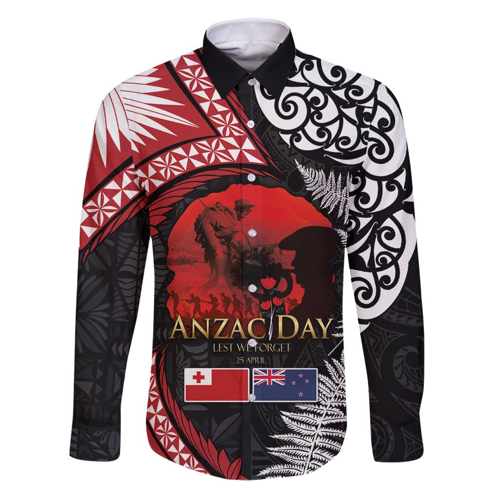 Tonga and New Zealand ANZAC Day Family Matching Puletasi and Hawaiian Shirt Gallipoli Lest We Forget Ngatu Art Tribal and Maori Tattoo with Fern LT03 Dad's Shirt - Long Sleeve Black - Polynesian Pride