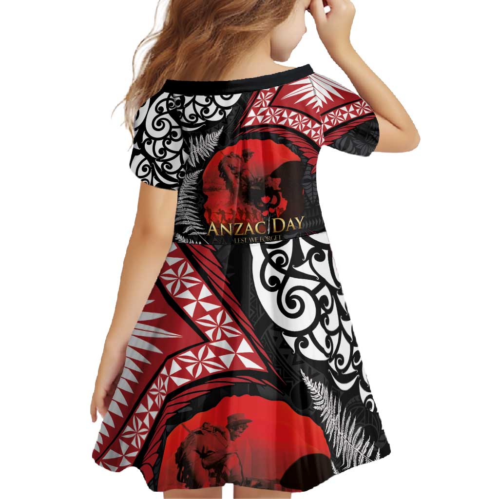 Tonga and New Zealand ANZAC Day Family Matching Short Sleeve Bodycon Dress and Hawaiian Shirt Gallipoli Lest We Forget Ngatu Art Tribal and Maori Tattoo with Fern LT03 - Polynesian Pride