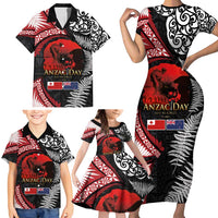 Tonga and New Zealand ANZAC Day Family Matching Short Sleeve Bodycon Dress and Hawaiian Shirt Gallipoli Lest We Forget Ngatu Art Tribal and Maori Tattoo with Fern LT03 - Polynesian Pride