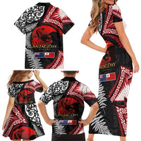 Tonga and New Zealand ANZAC Day Family Matching Short Sleeve Bodycon Dress and Hawaiian Shirt Gallipoli Lest We Forget Ngatu Art Tribal and Maori Tattoo with Fern LT03 - Polynesian Pride