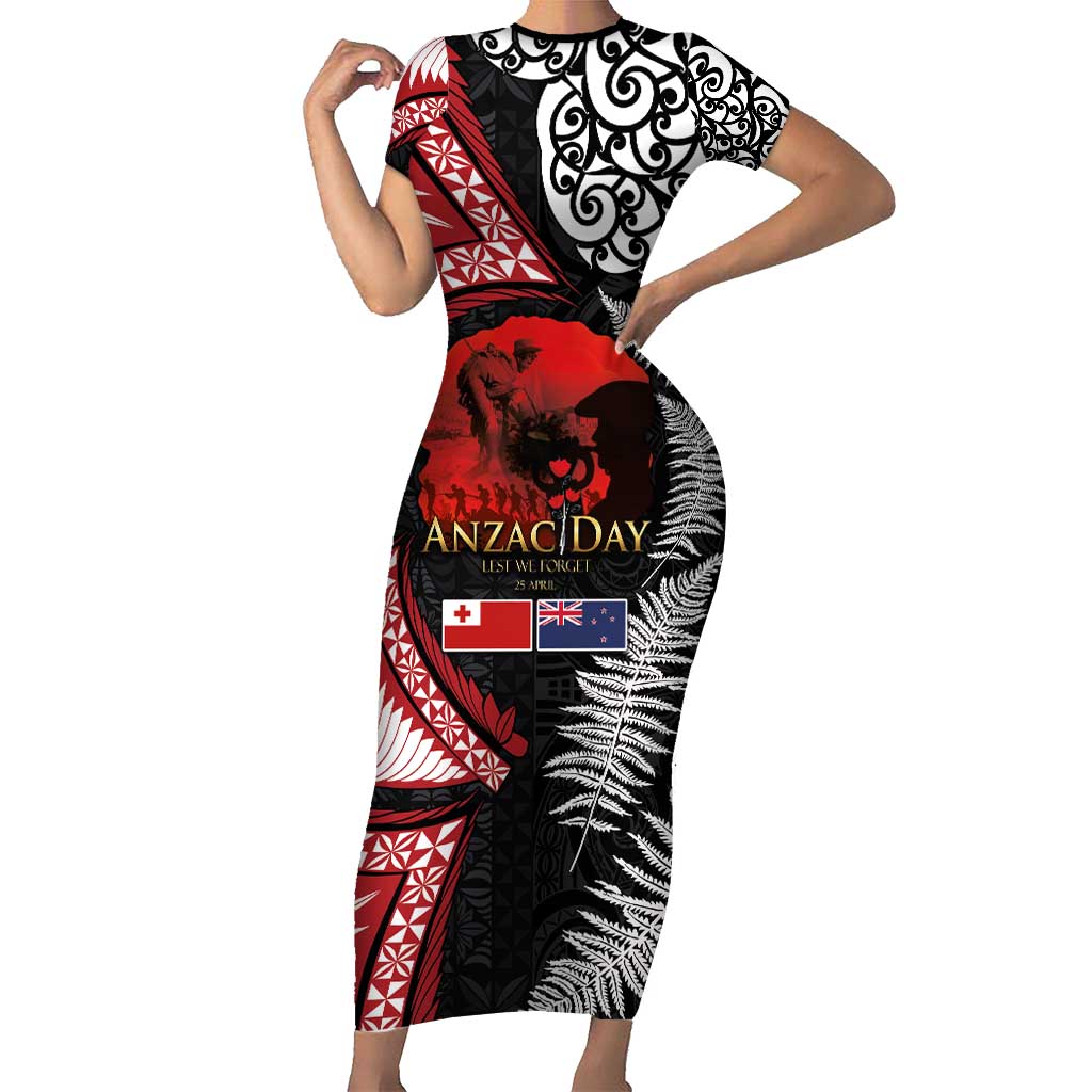 Tonga and New Zealand ANZAC Day Family Matching Short Sleeve Bodycon Dress and Hawaiian Shirt Gallipoli Lest We Forget Ngatu Art Tribal and Maori Tattoo with Fern LT03 Mom's Dress Black - Polynesian Pride