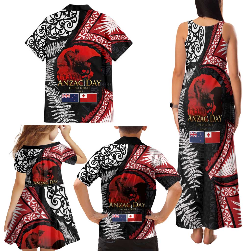 Tonga and New Zealand ANZAC Day Family Matching Tank Maxi Dress and Hawaiian Shirt Gallipoli Lest We Forget Ngatu Art Tribal and Maori Tattoo with Fern LT03