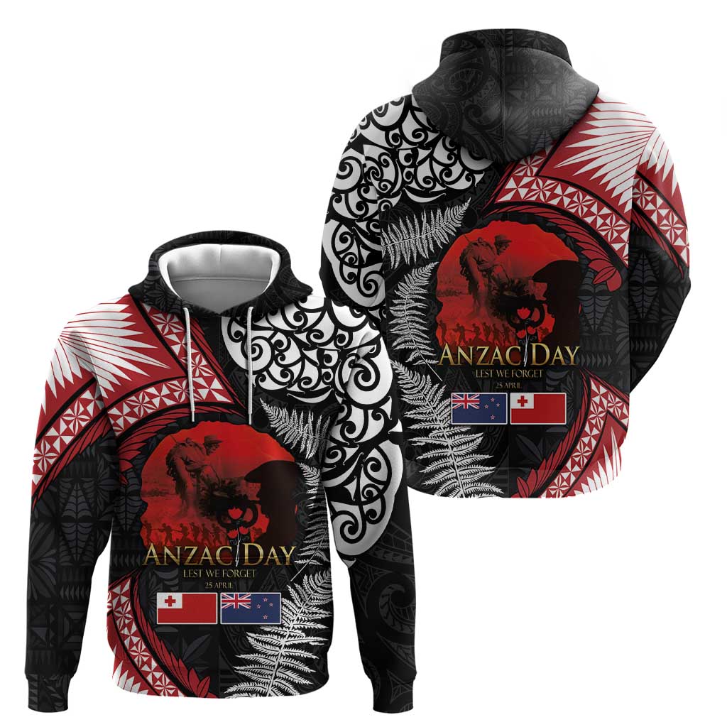 Tonga and New Zealand ANZAC Day Hoodie Gallipoli Lest We Forget Ngatu Art Tribal and Maori Tattoo with Fern LT03