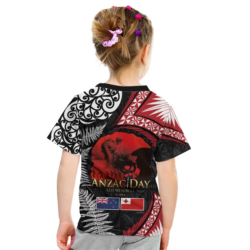 Tonga and New Zealand ANZAC Day Kid T Shirt Gallipoli Lest We Forget Ngatu Art Tribal and Maori Tattoo with Fern LT03