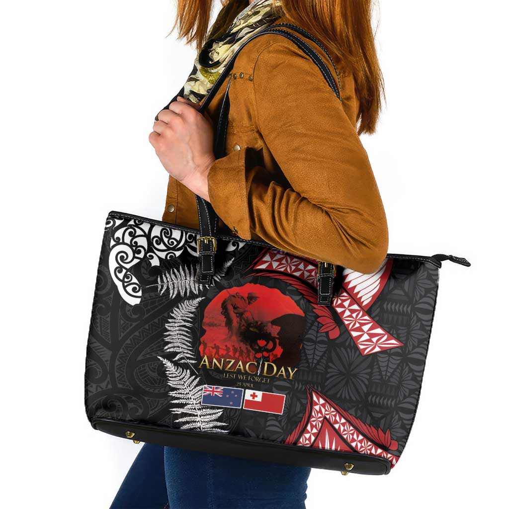 Tonga and New Zealand ANZAC Day Leather Tote Bag Gallipoli Lest We Forget Ngatu Art Tribal and Maori Tattoo with Fern LT03