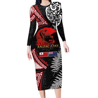 Tonga and New Zealand ANZAC Day Long Sleeve Bodycon Dress Gallipoli Lest We Forget Ngatu Art Tribal and Maori Tattoo with Fern LT03 Long Dress Black - Polynesian Pride